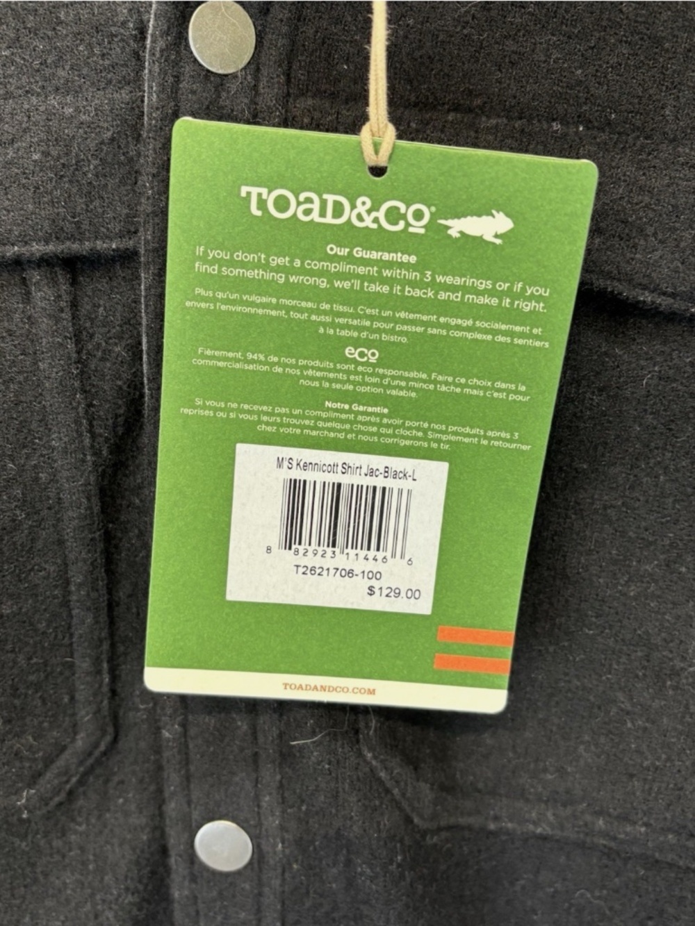 NWT Toad & Co. Men's Kennicott Wool Blend Button Up Shirt Jacket Black Sz Large - Picture 3 of 6